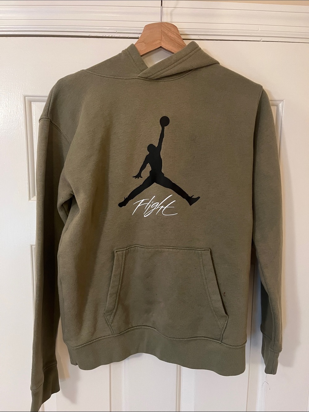 Jordan Olive Green Hoodie with Black Jumpman and White Flight Script